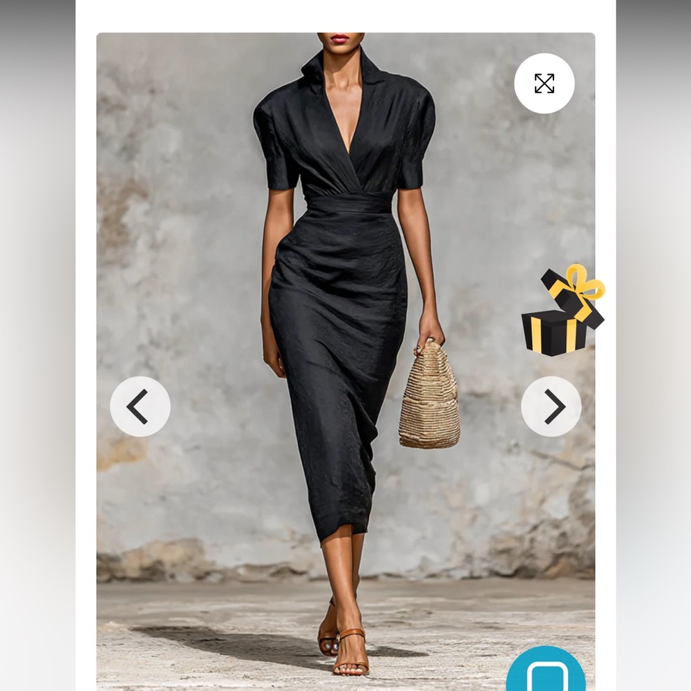 Black Lapel V-neck Short Sleeve Waist Midi Dress